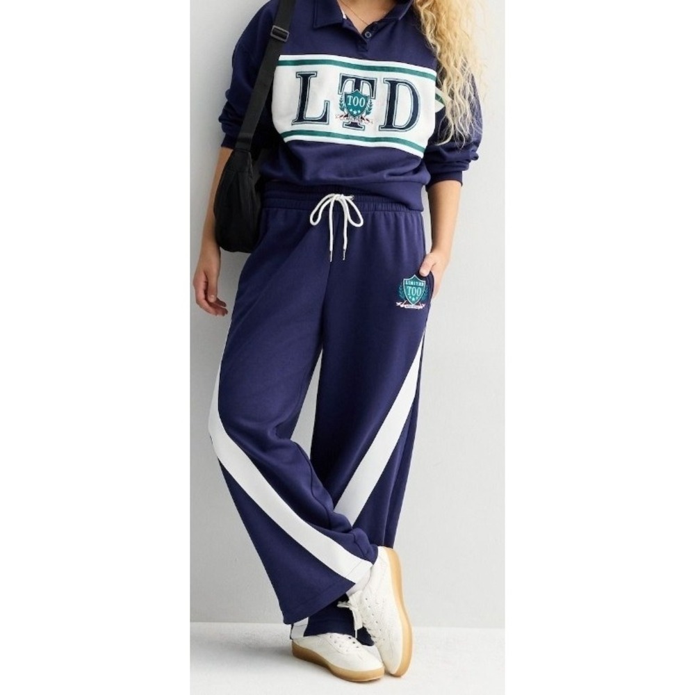 Girls Limited Too Navy Varsity White Stripe Wide Leg Fleece Joggers Size S NWT